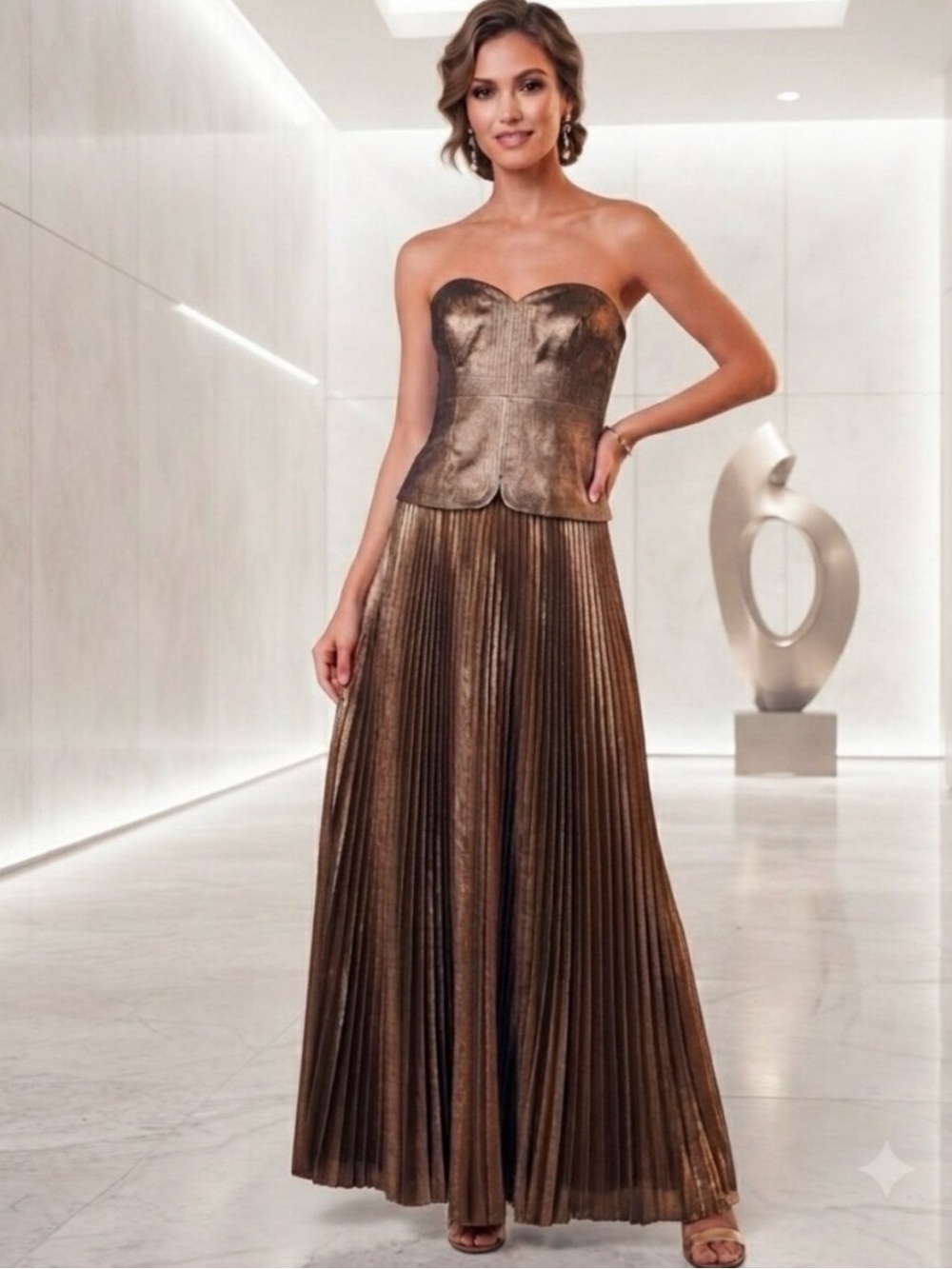 Antonio Melani “ DRS Billie” Strapless Metallic Bronze Pleated Evening Gown new